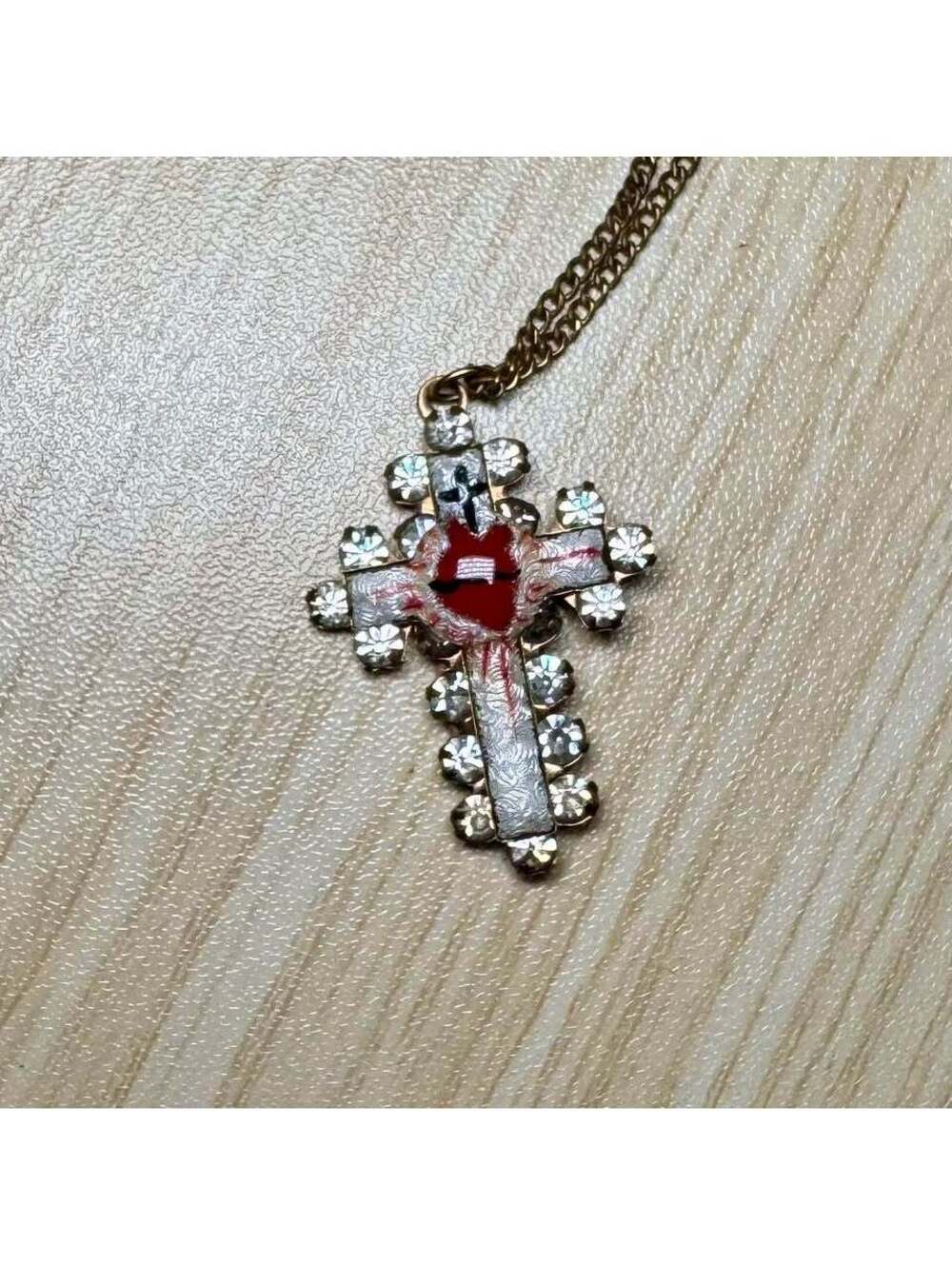Vintage Virgin Mary Cross Pendant Necklace Rhinestone Religious 16” Chain